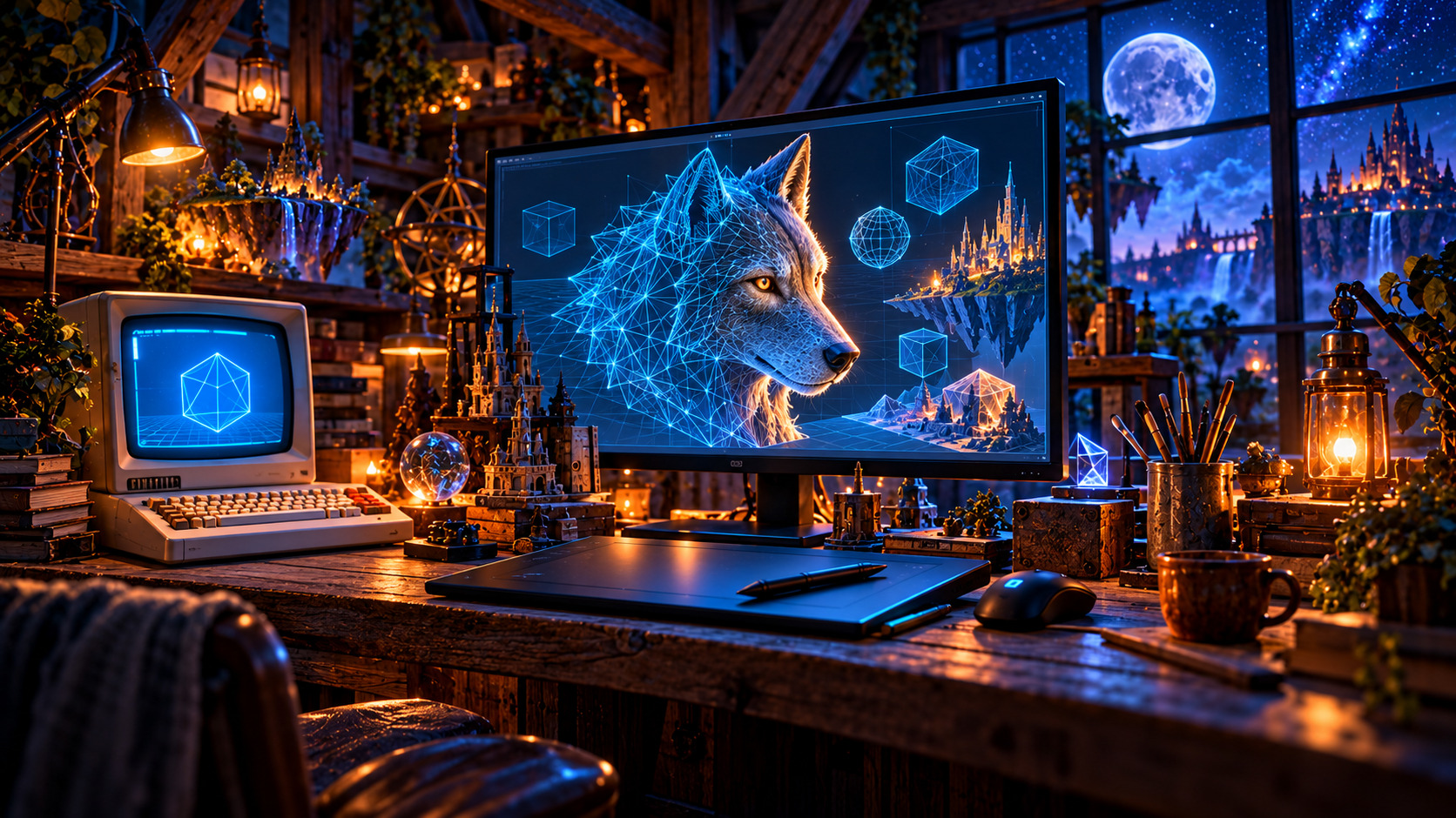 Ein digitaler Arbeitsplatz mit einem teils als Drahtgitter dargestellten Wolf, Grafiktablett und Retrocomputer.