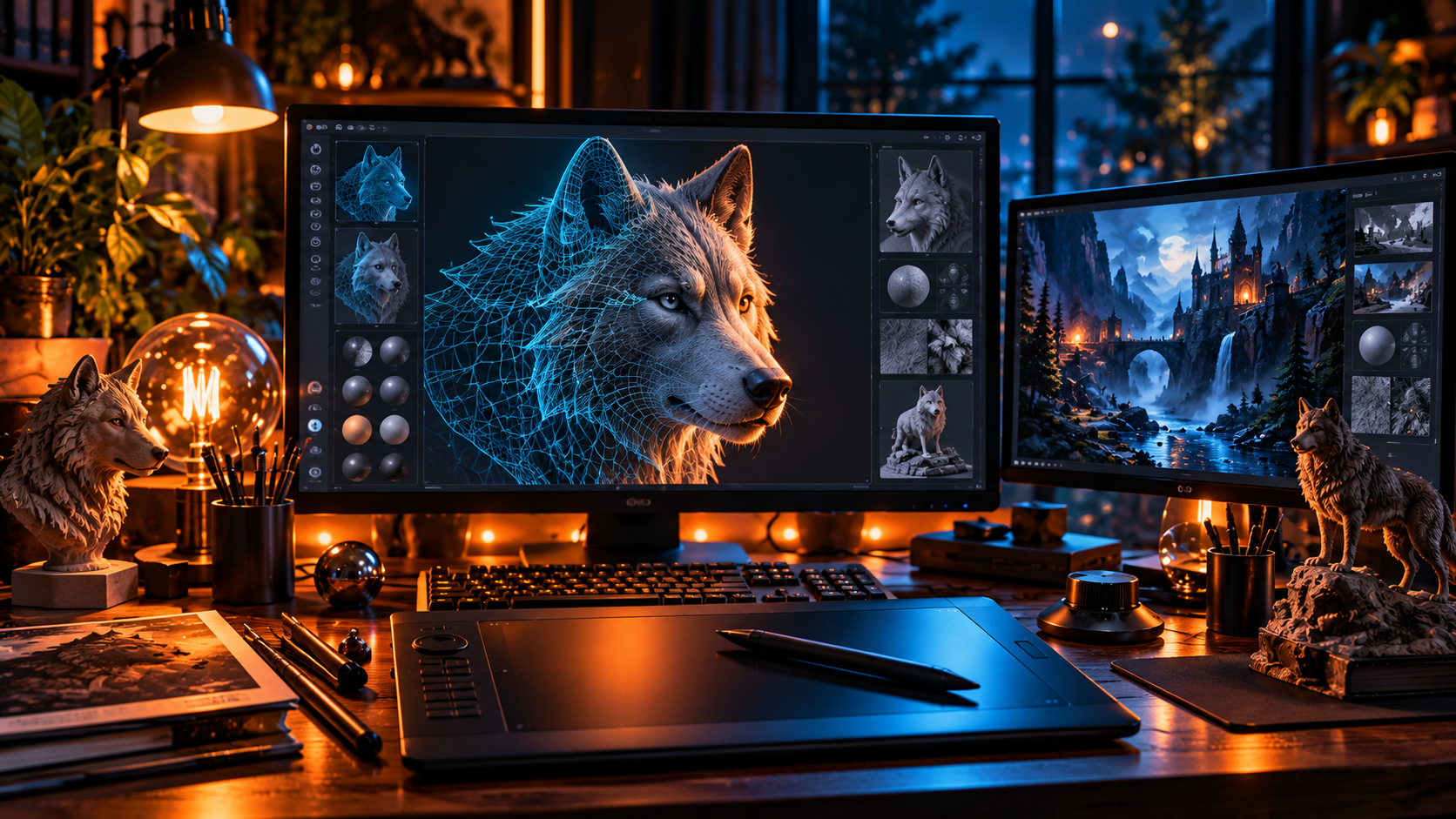 Ein beleuchteter 3D-Arbeitsplatz mit einem Wolfsmodell als Drahtgitter und fertiger Form.