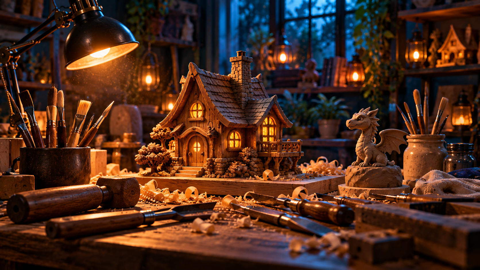 Eine detailreiche Künstlerwerkstatt mit Modellhaus, Werkzeugen und einer kleinen Drachenskulptur.