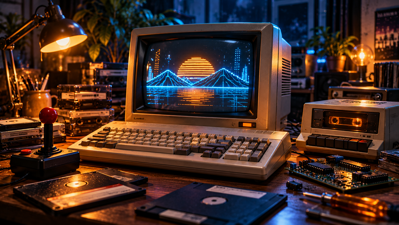 Ein klassischer Heimcomputer mit Röhrenmonitor, Joystick, Kassetten und Disketten.